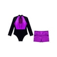 thumbnail image 4 of Doomiva Kids Girls Long Sleeve Shiny Gymnastic Dance Leotard Bodysuit Jumpsuit with Metallic Shorts Set Activewear Purple 12, 4 of 7