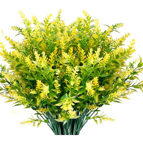 Sinhoon 8 Bundles Artificial Lavender Flowers Outdoor UV Resistant Fake Flowers No Fade Faux Plastic Plants Garden Porch Window Box Decorating (Yellow)