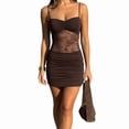 thumbnail image 3 of Lace Mini Dress Bodycon Spaghetti Strap Party Club Dress Brown XS, 3 of 9