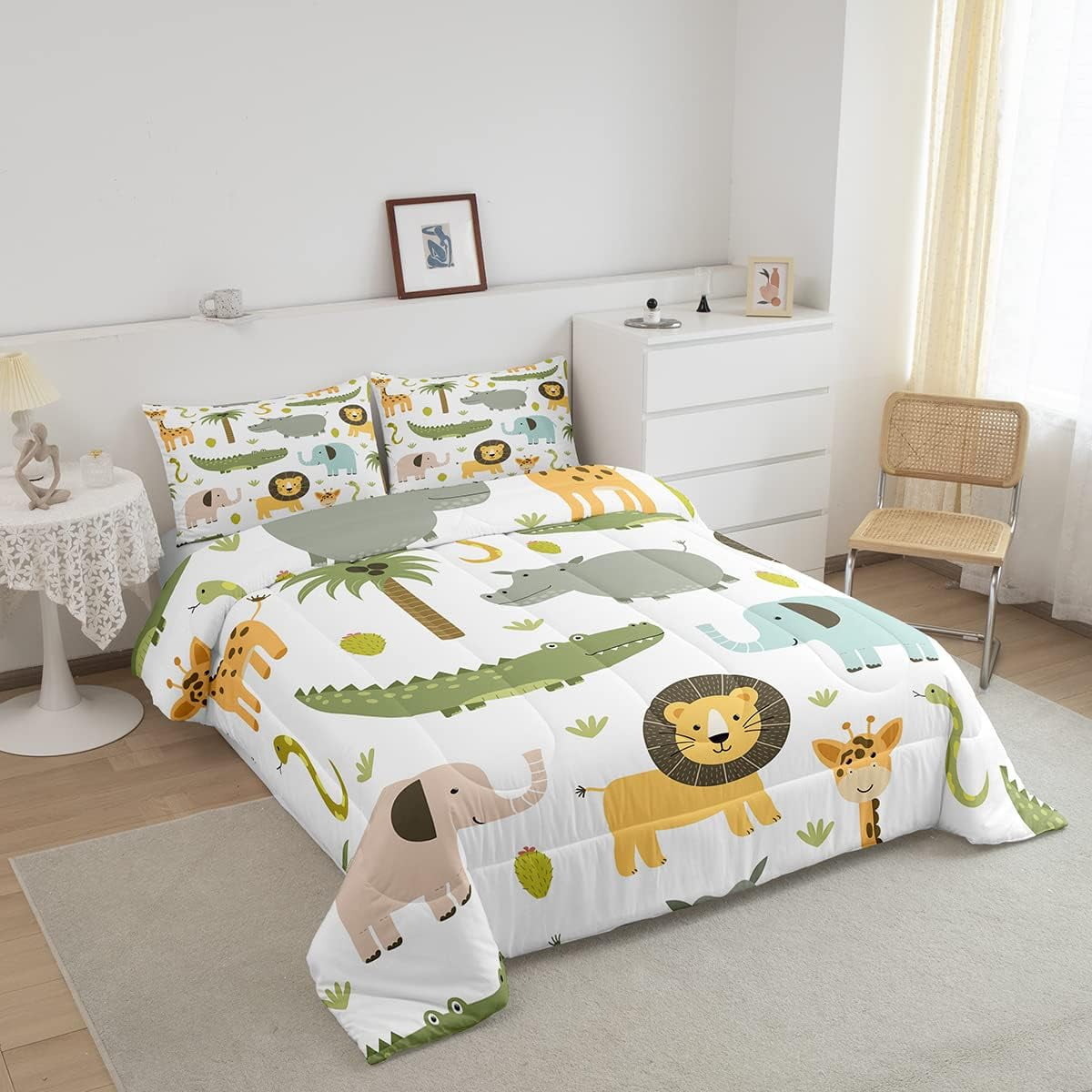 Wild Animals Comforter Set Safari Animals Print Comforter for Boys Girls Teens Cute Hippo Crocodile Lion Bedding Set Kids Cartoon Elephant Giraffe Duvet Set Room Decor Quilt Set Twin Size