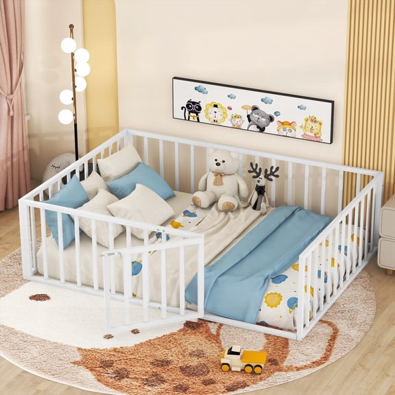 Sturdy Metal Floor Bed with Fence & Door|Full Size White