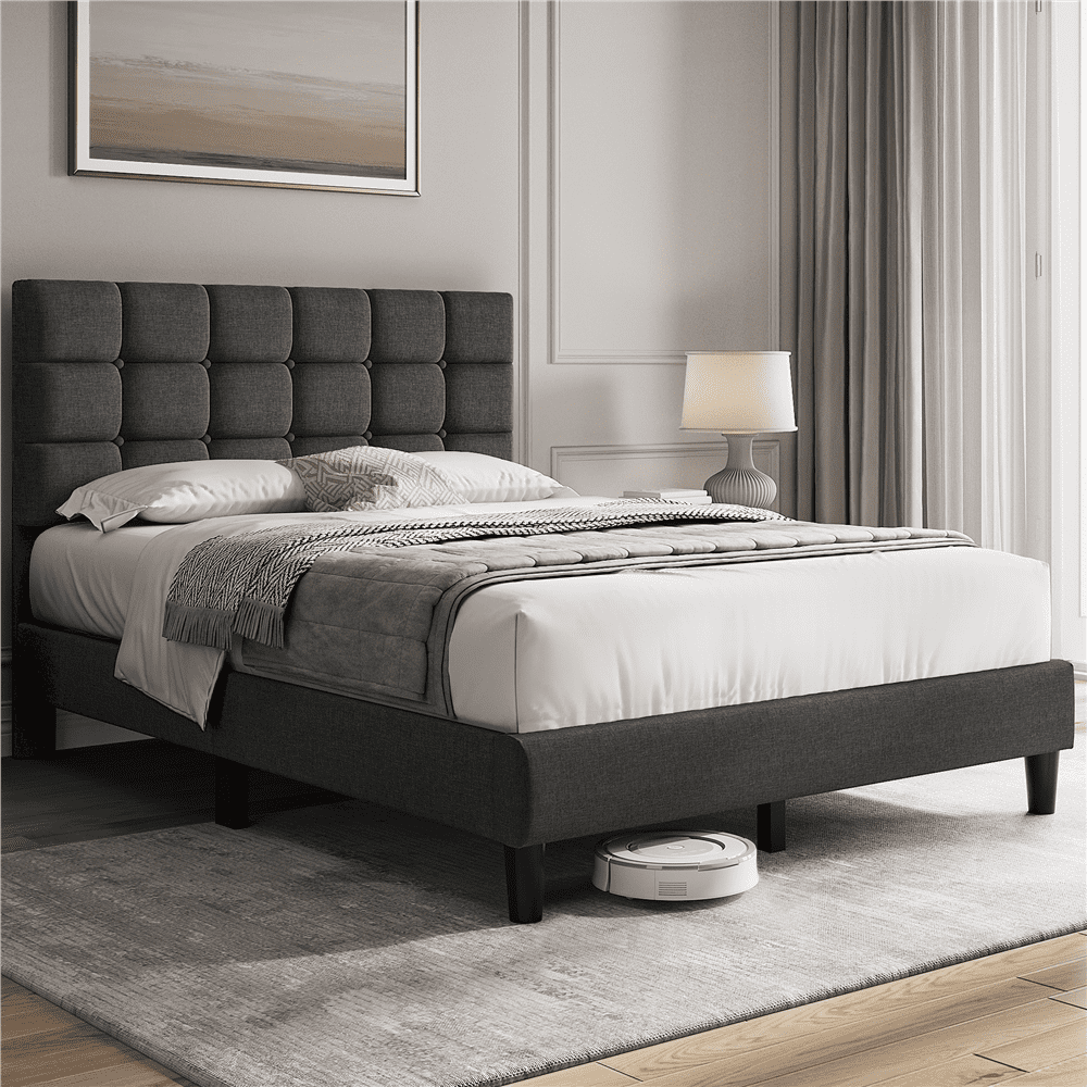 Fullfurnique Upholstered Platform Bed Frame with Square Tufted Headboard, Full, Dark Gray