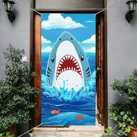 1 Pc Shark Attack Door Cover Under the Sea Backdrop Banner Polyester Wave Fish Crab Wall Decoration Front Door or Indoor Sign for Party Decoration Supplies 35.4x72.8 inch(90x185cm)