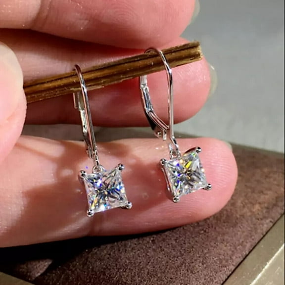 2 Ct Princess Cut Lab Created Diamond Drop Dangle Earrings 14K White Gold Plated