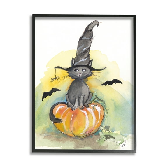 Stupell Industries Witch Cat on Pumpkin Holiday Painting Black Framed Art Print Wall Art, 16 x 20