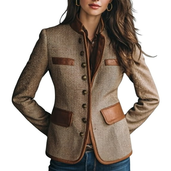 Women'S Gray Blazer Jacket Fall Winter Lapel Coat Brown XXL
