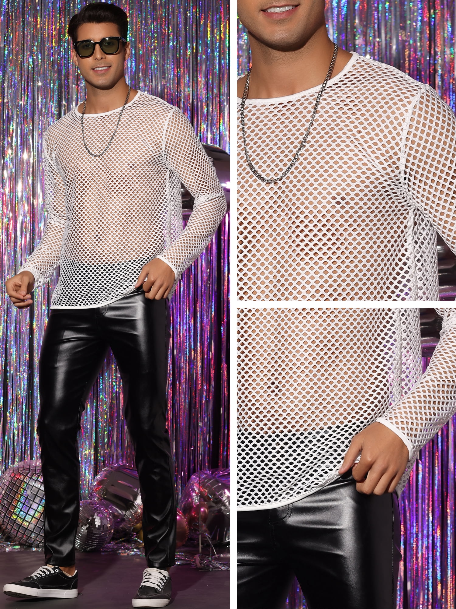 Unique Bargains Men's Mesh T-Shirt Long Sleeves Club Party See Through Sheer Top Tee M White