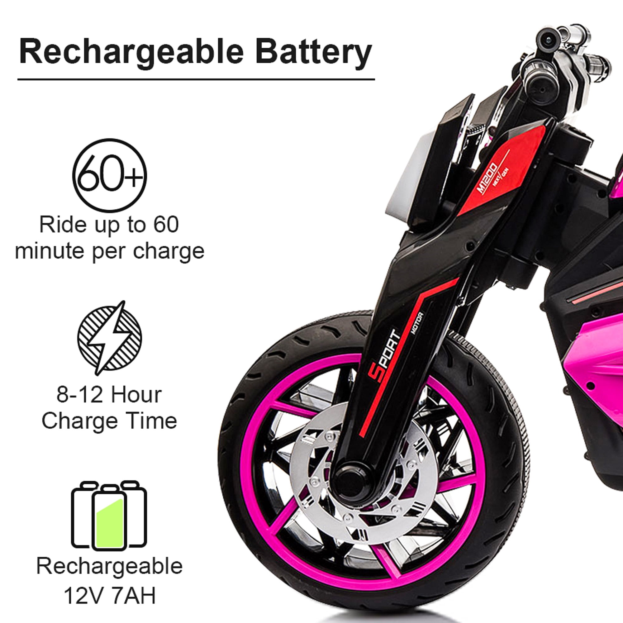 TOBBI 12V Kids Ride on Motorcycle Battery Powered Electric 3 Wheels Trike Motorcycle W/ Lights, Rose Red