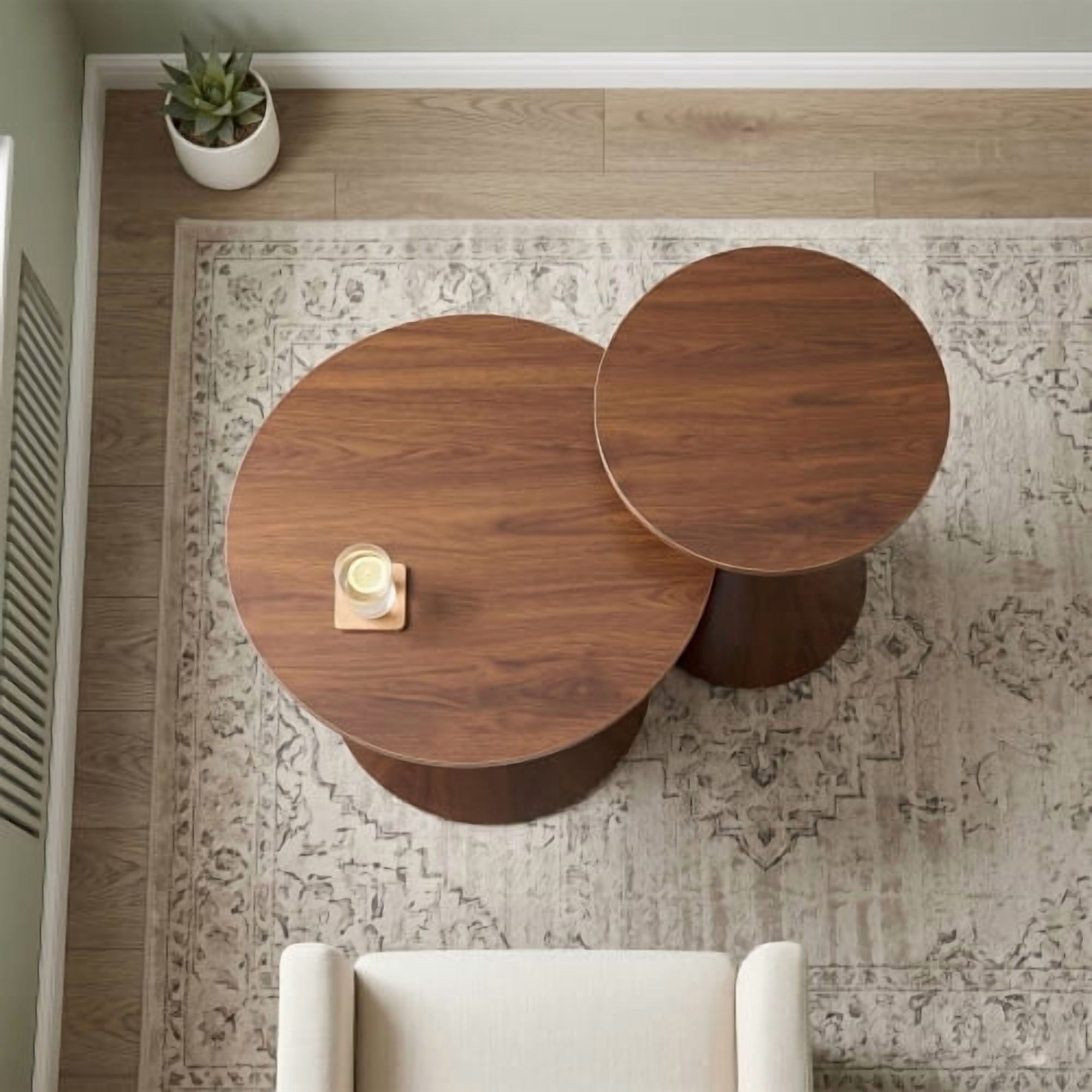 2-Piece Round Nesting Coffee Table Set, Walnut Wood Grain Tabletop with Metal Base, Mid-Century Modern Accent Tables for Living Room Bedroom, Nut Brown