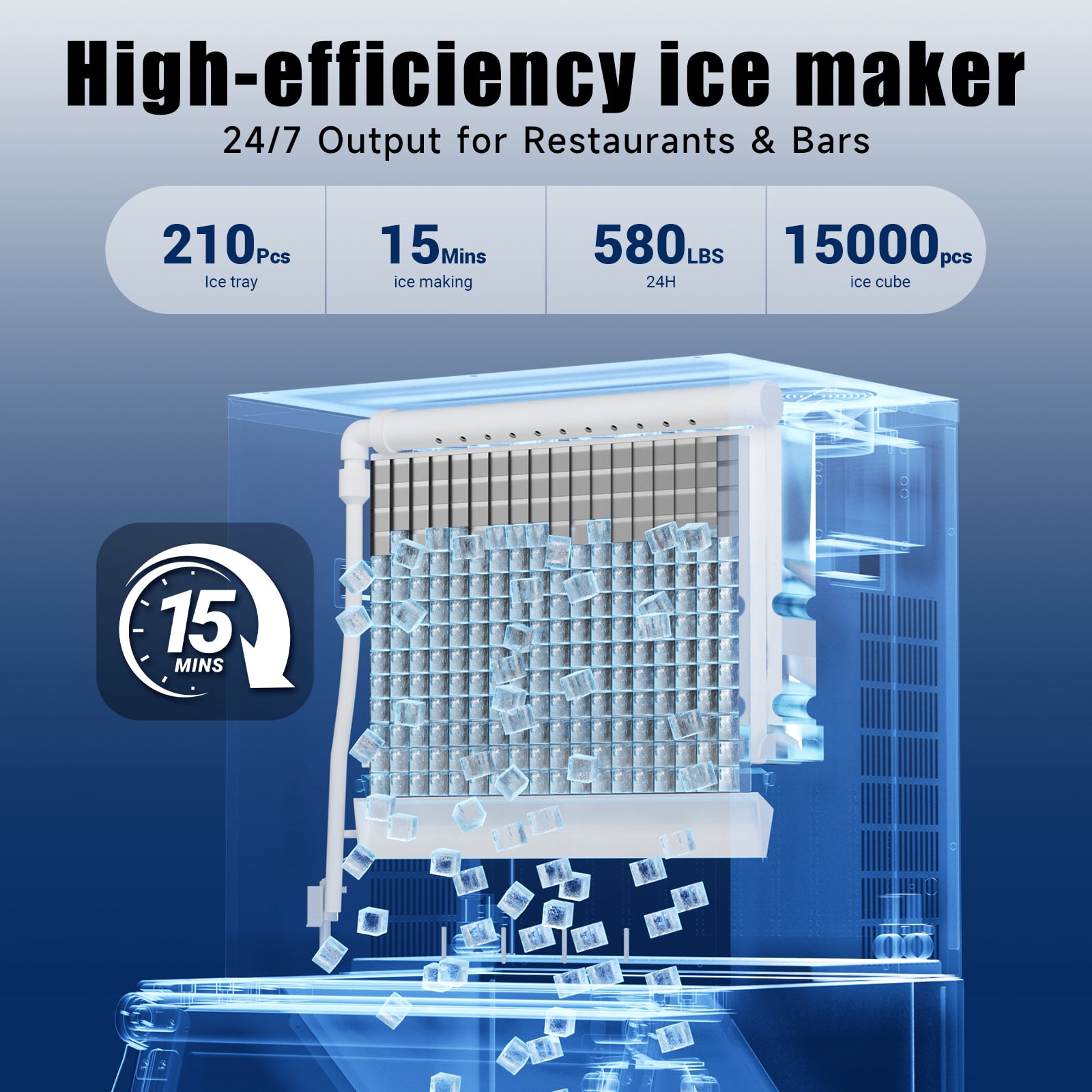 Commercial Ice Maker 380LBS Ice Storage Bin, Durable Stainless Steel and Adjustable Steel Feet