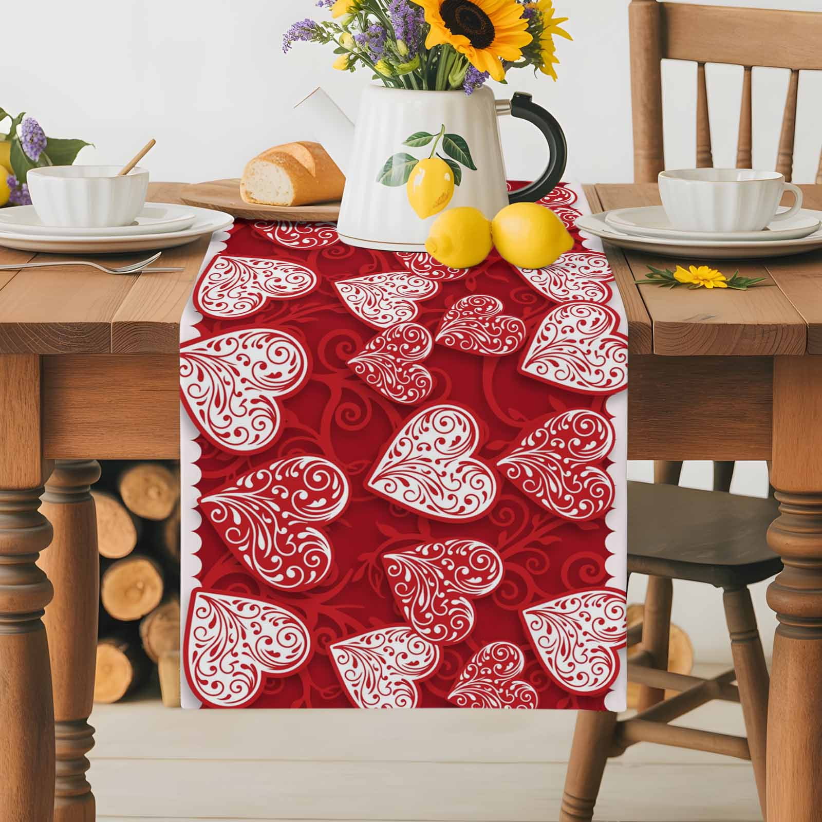 Valentine's Day Table Runner, Abstract Romantic Red White Floral Love Heart Red Washable Cotton-linen Table Runners Dining Kitchen Decoration for Everyday Home Wedding Party Decor, 13 x 120 Inch