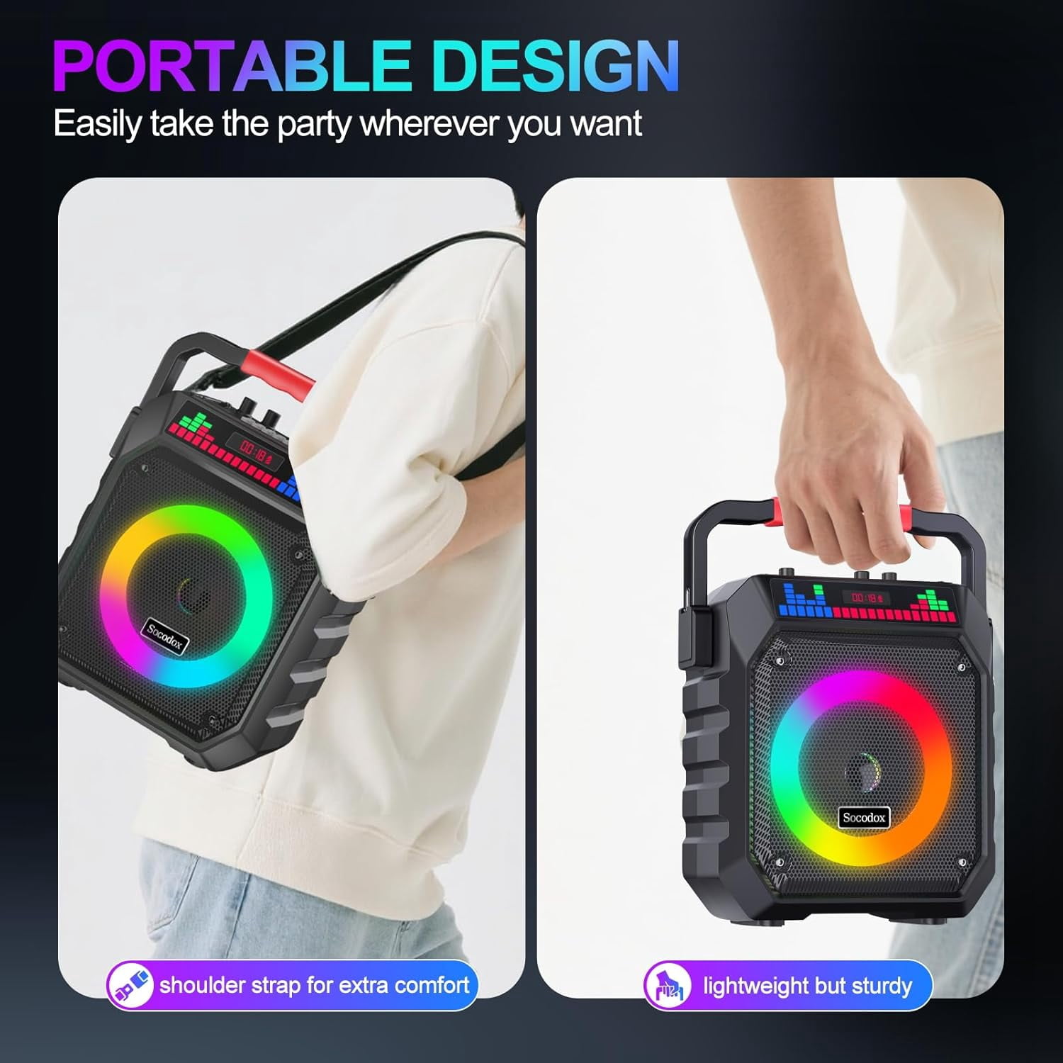 Socodox Karaoke Machine ,Portable Bluetooth Speaker with 2 Wireless Microphones for Adult Kid,Karaoke Supports TF/AUX/USB for Home Party with Lights