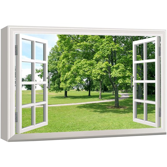 wall26 Canvas Print Wall Art Window View to Path in The Green Forest Nature Wilderness Photography Realism Rustic Landscape Colorful Multicolor Ultra for Living Room, Bedroom, Office - 32"x48&qu