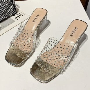 Moda 2023, zapatillas transparentes con diamantes de imitación para mujer, zapatos sexis de tacón alto con punta cuadrada para mujer, sandalias poco profundas, zapatillas para mujer 35 Gao Jinjia LED