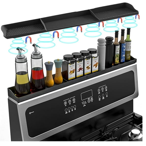 Casewin Stove Top Shelf Magnetic, Silicone Spice Rack Over Stove Shelf Back of Stove Flat, 30 Inch Magnet Top of Stove Kitchen Shelf Stove Organizer Above Stovetop Storage-Black