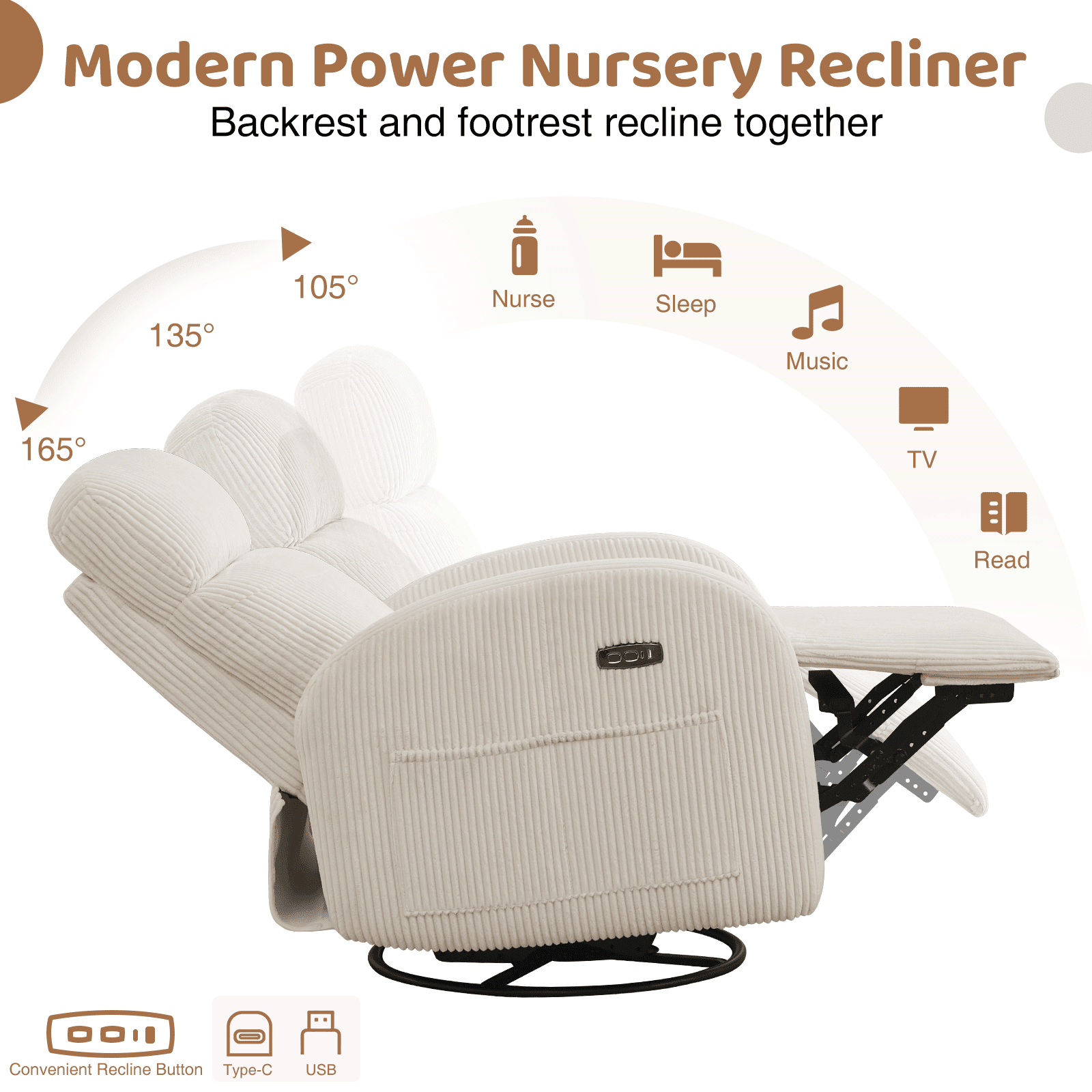 Aemeios Corduroy Swivel Rocker Glider Power Recliner Nursery Rocking Chair with USB and Type-C Ports, White