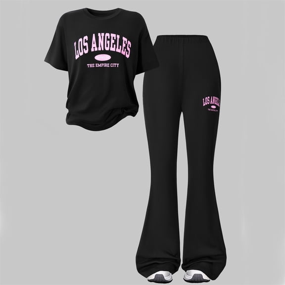 Big Girls Pants Set Outfits Set Short Sleeve Matching Sets Outfit Loose Fit Top With Flare Pants Cute Korean Style Two Piece Summer Play For Big Kids Tweens Clothes Set Black 10-11 Years