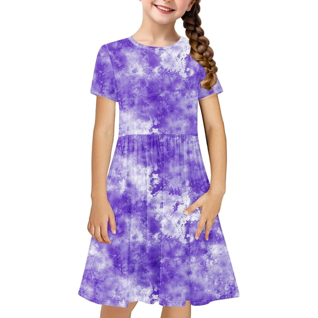 WRKEKC Robe Florale pour Filles, Robe Décontractée d'Été pour Filles, Enfants en Bas Âge Filles Mignonne Dégradé Imprimé Manches Courtes Robe Extensible Robe Ligne A 11 Ans