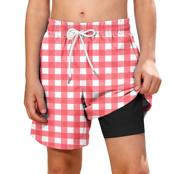 Atogsazn Boys Plaid 2 in 1 Athletic Shorts Kids Casual Elastic Waist Drawstring Short Pants with Pocket Summer Pink 11-12 Years Fashion