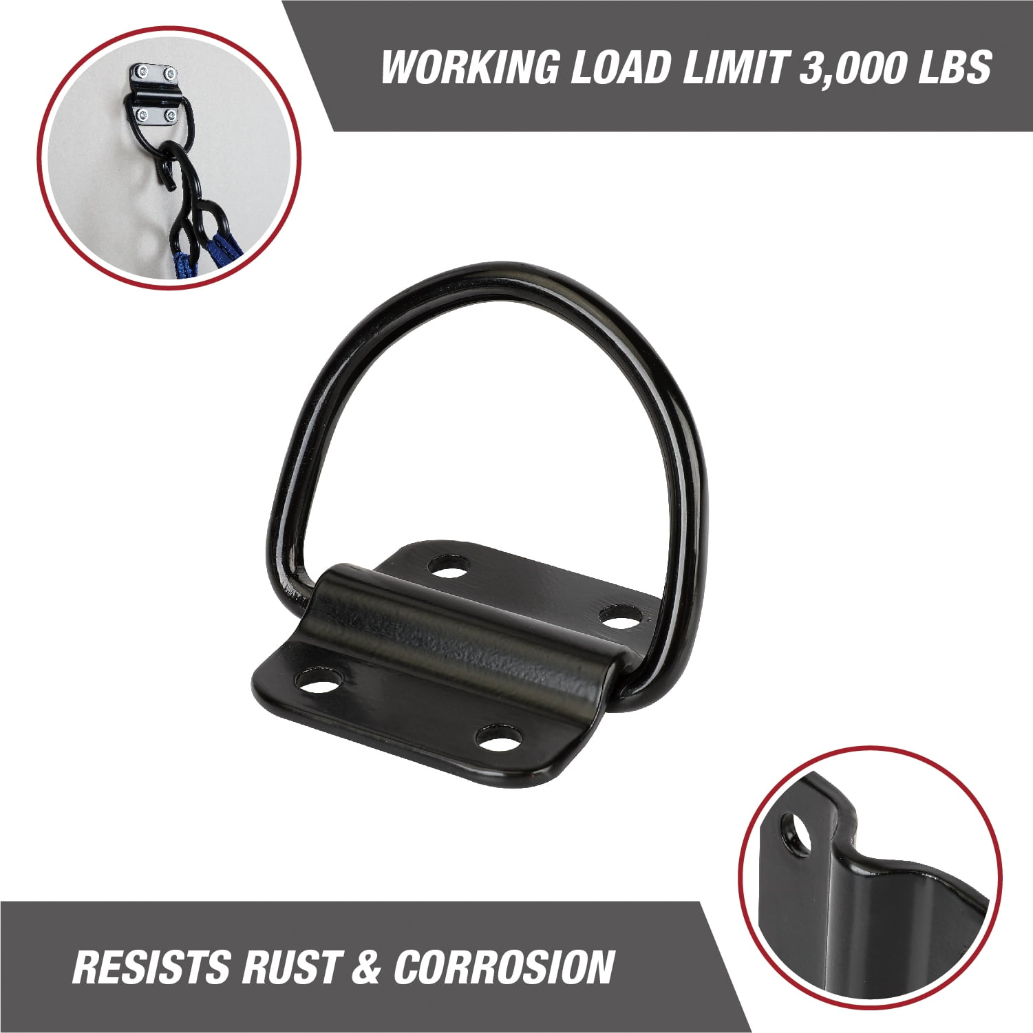 Hyper Tough Steel D-Rings Tie-Down Anchor with Screws and Bolts, 3,000 lb Working Load Limit, 4-Pack