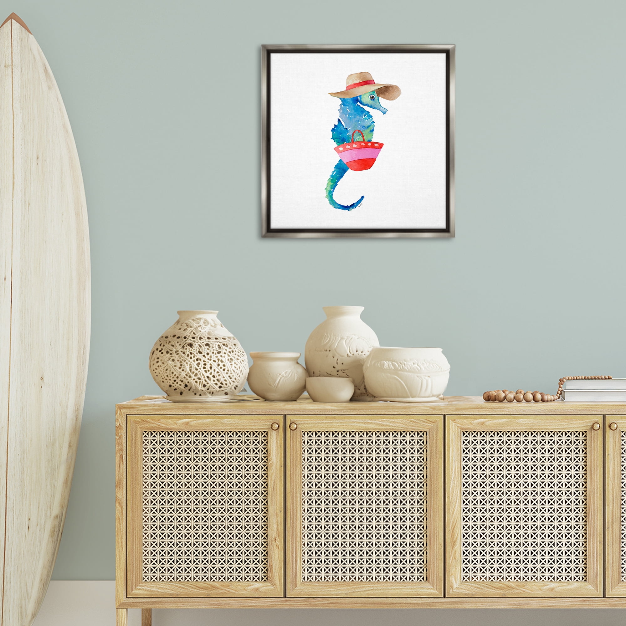 Stupell Industries Seahorse in Beach Hat Novelty Painting Gray Floater Framed Canvas Art Print Wall Art, 25 x 25
