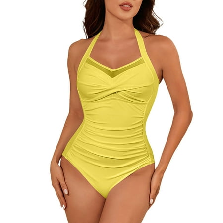 MGCWSH Women s One Piece Swimsuits Front Twist Swimwear V Neck Shirred Bathing Suit Tummy Control Yellow M