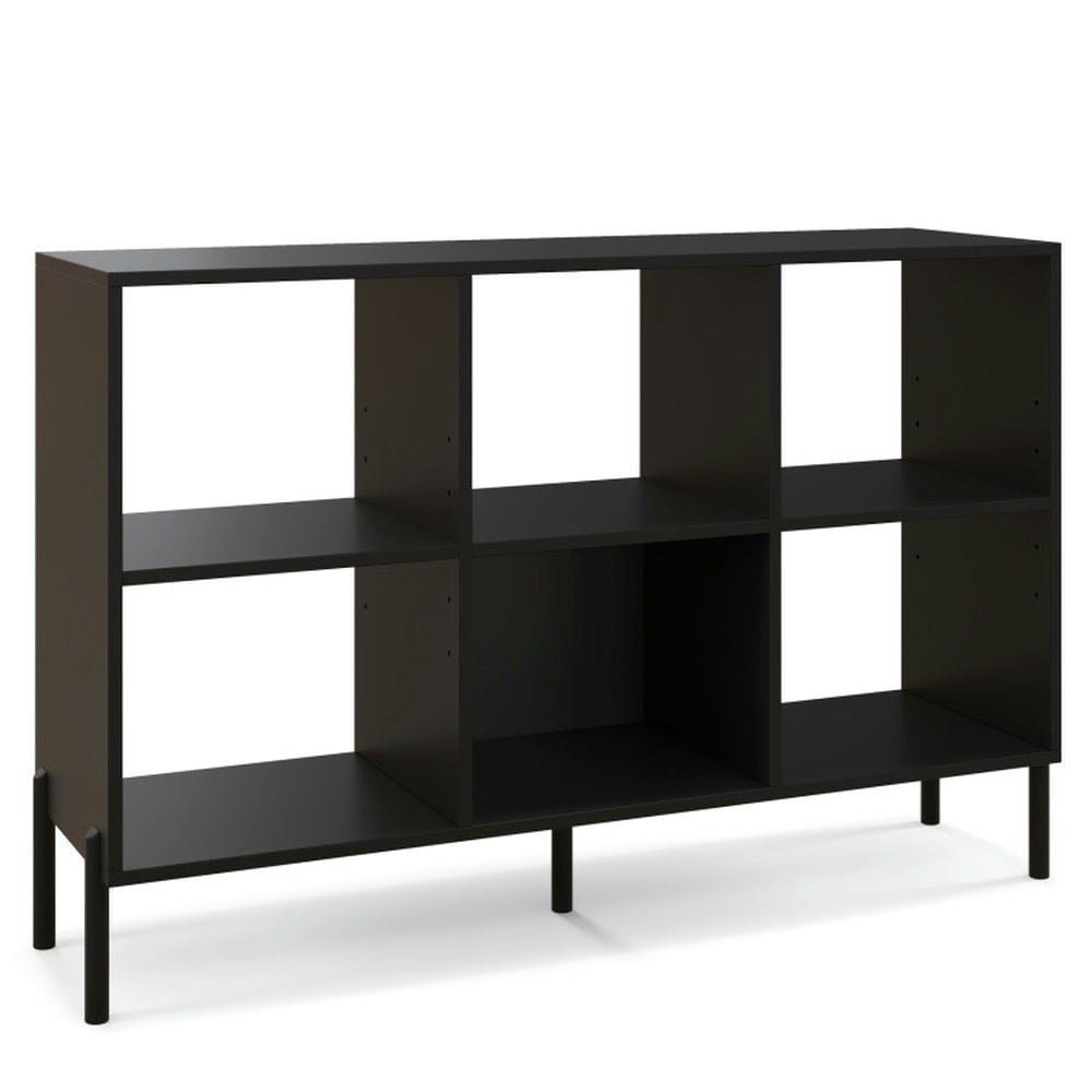 Demi Bonn 2-Tier Open-Back Bookshelf with Anti-Tipping Kits for Study, 6 Open Compartments Space Bookcase, Black