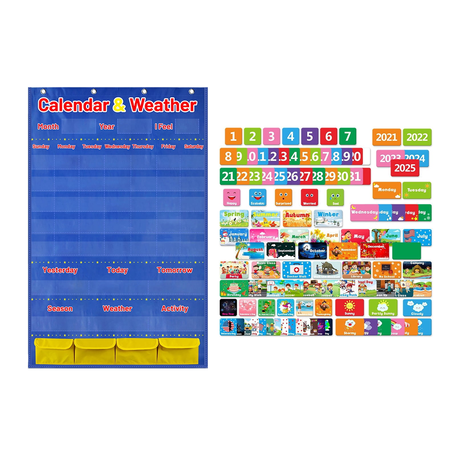Calendar Weather Pocket Chart Classroom Monthly Calendar Chart with 114 Cards for Classroom Kindergarten Homeschooling