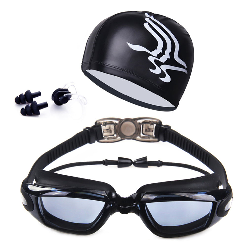 Swim Cap and Goggles Set Women Nose Clip Earplugs Case Anti-Fog Coated Lens NEW 