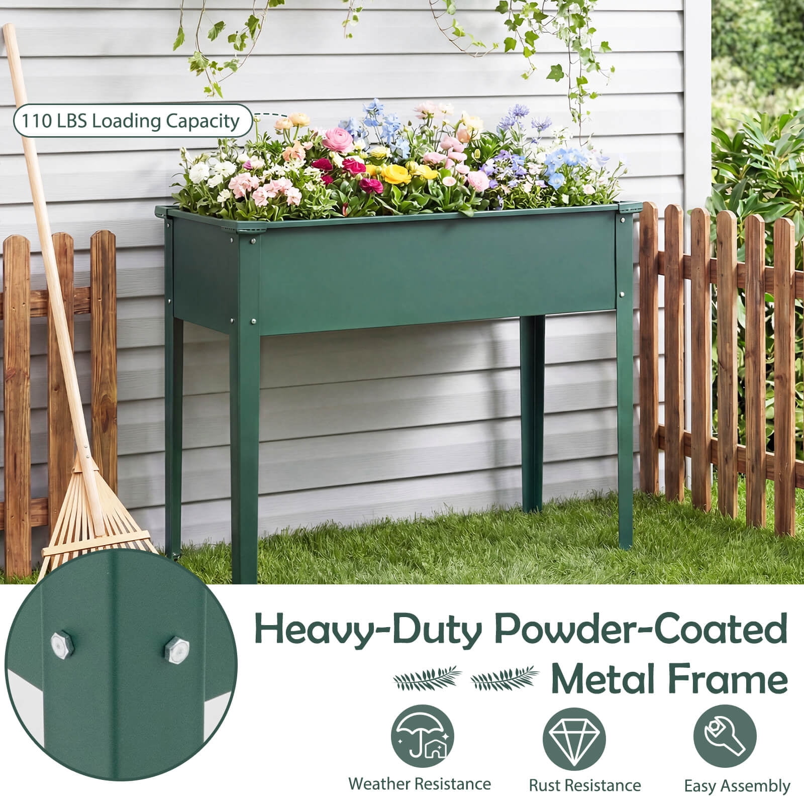 Costway 40" Raised Garden Bed with Legs Metal Elevated Planter Box Drainage Hole Backyard Green