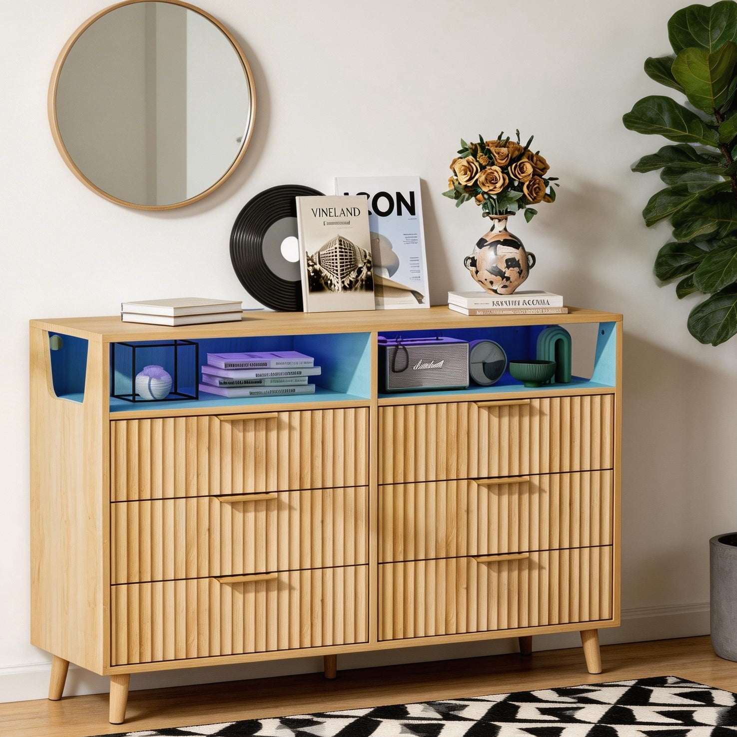 UBesGoo Fluted 6 Drawer Dresser with LED Lights, Modern Chest of Drawers Wood Dresser TV Stand, Double Dresser for Bedroom, Living Room, Hallway