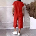 thumbnail image 5 of Women’s 2 Piece Outfit Set Button Short Sleeve Shirt and Drawstring Waist Cropped Wide Leg Capri Pants with Pockets, Light Weight for Daily‑Wear, Vacation and Shopping S-5XL Red, 5 of 6