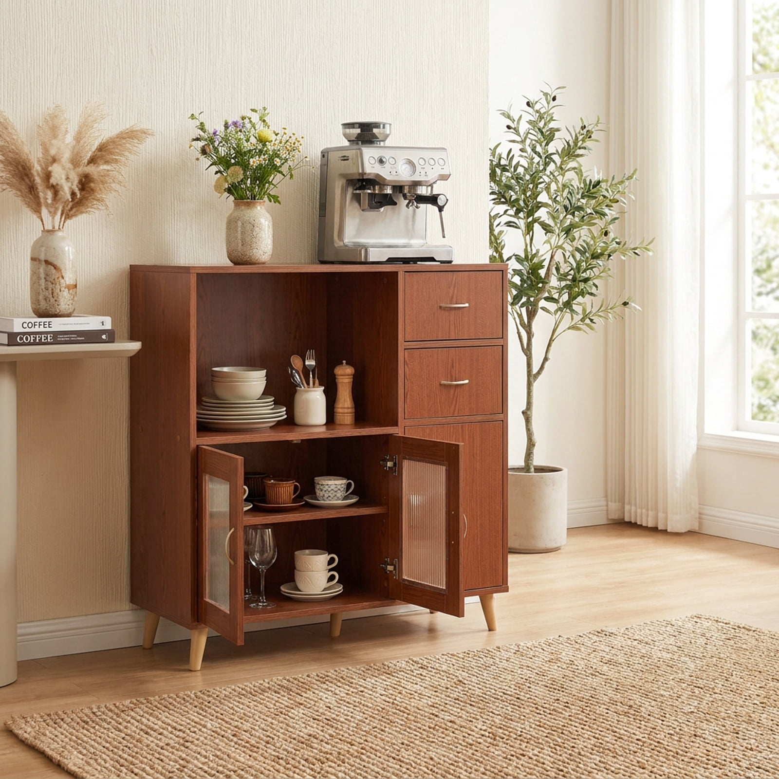 Furnibear 36 Inch Sideboard Buffet Cabinet with Open Compartment for Kitchen Dining Living Room Buffet Storage Server, Brown