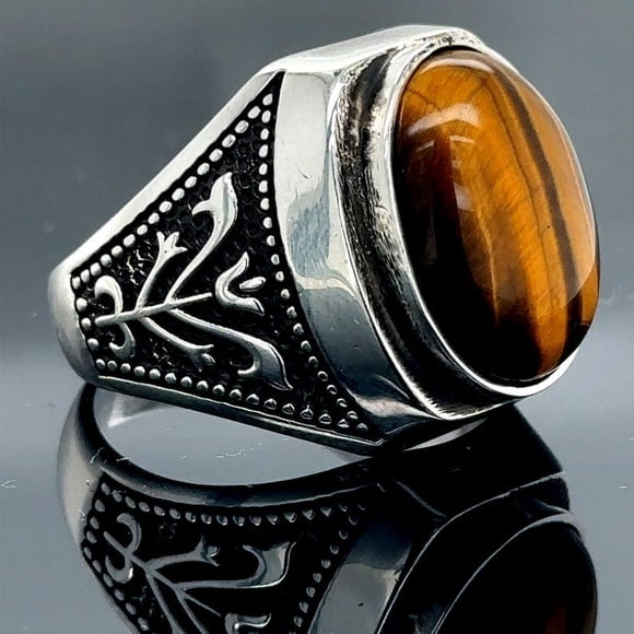 Silver Natural Tiger Eye Ring, Man Handmade Ring, Brown Tiger Eye Ring, Viking Man Bracelet, Oval Gemstone Ring, 925k Sterling Silver