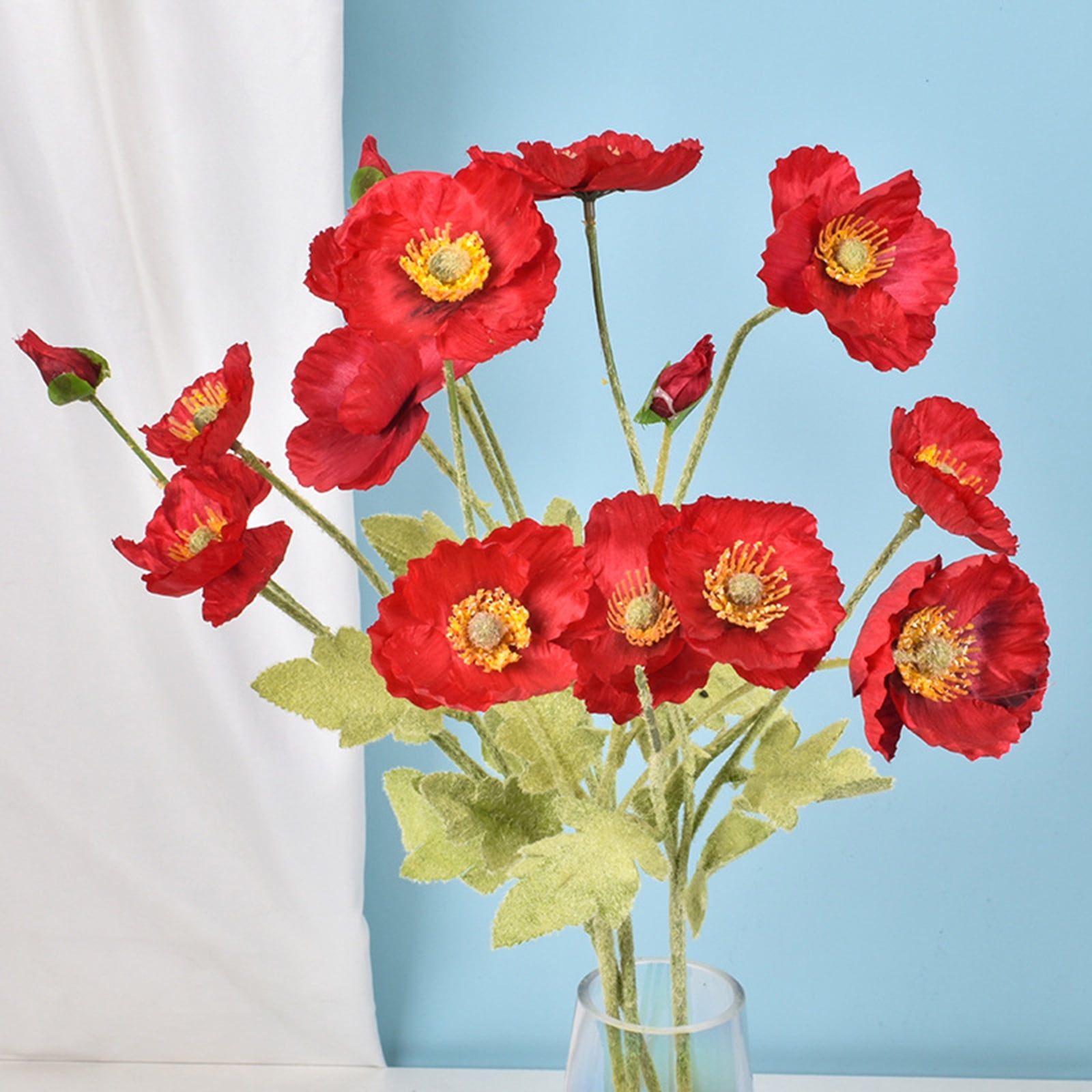 Artificial Silk Flower Arrangement In Red Poppies In Mirror Vase Leaves Lights