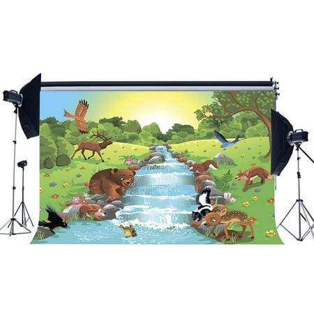 Image of ABPHOTO Polyester 7x5ft Zoo Backdrop Cartoon Backdrops Jungle Forest River Cascade Animals Fresh Flowers Green Grass Meadow Photography Background for Boys Girls Birthday Party Photo Studio Props