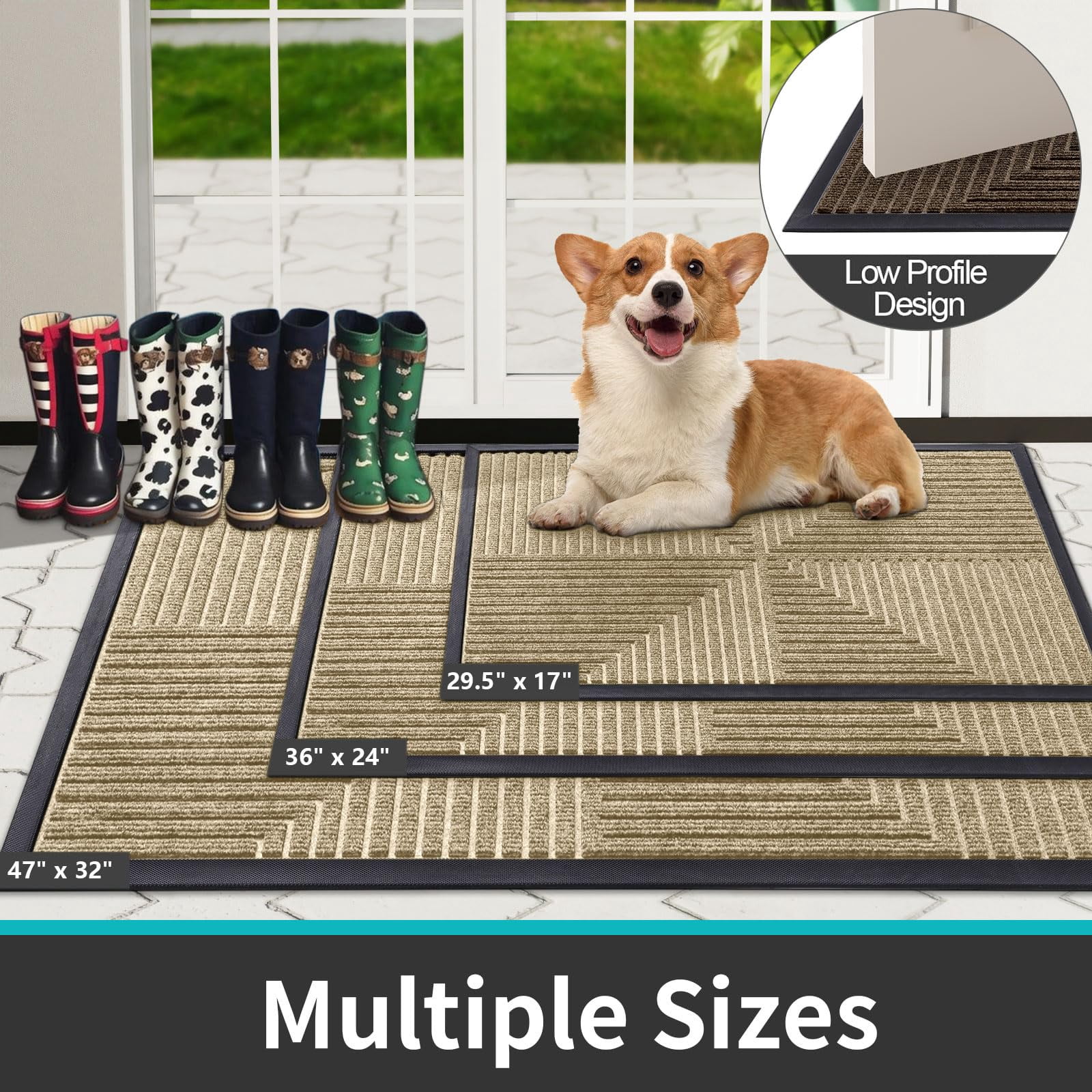 Buganda Heavy Duty Rubber Door Mat for Outside Entry, 24" x 36" Non-Slip Waterproof Doormat for Inside, Low Profile Dirt Trapper Doormat, Beige