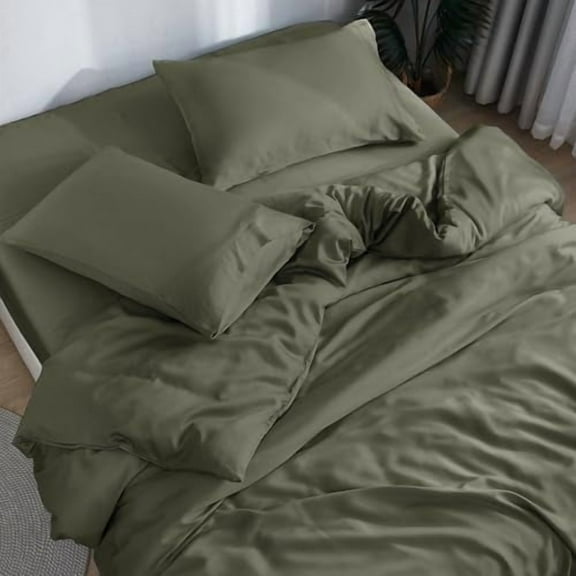 DOZ Sheet Set, 100% Viscose derived from Bamboo, Organically Grown, Buttery Soft, Cooling Sheets, High GSM, Deep Pockets - 2 Piece - 1 Pillowcase 1 Fitted Sheet (Olive, Twin)