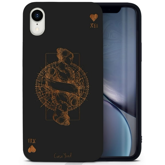 Wood phone case for iPhone XR compatible protective cell phone cover shockproof slim fit laser engraved Queen of Hearts design Black wood case for Men & Women by CaseYard