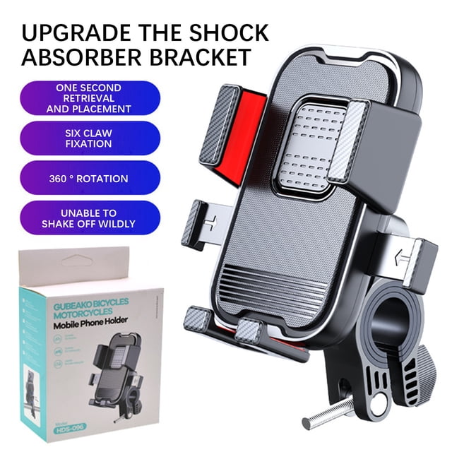Electric Car Cell Phone Holder Bicycle Battery Motorcycle Takeaway Rider Car Vibration Navigation Cell Phone Holder. Features a compact design with liquid silicone for shock absorption, a locking mechanism for one-handed operation, and a four-pronged carbon fiber arm for stability. Compatible with 4.7-7.1 inch cell phones and designed for handlebars of various sizes. Includes a noise reduction design and a 360-degree rotation feature for easy navigation and calls. Made of CF carbon fiber and alloy, with dimensions of 100x120x30mm.