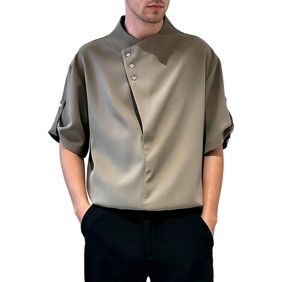 xfsWaSs Summer Men's Short Sleeve Shirts Ice Silk Drape Fashion Casual Tops Collarless Asymmetric Button Closure Blouses Streetwear Stylish Shirts