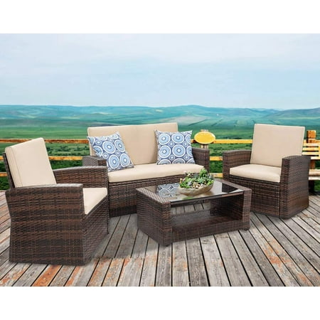 FDW 4 Pieces Outdoor Patio Furniture Sets Sectional Sofa Wicker Conversation Set Outdoor with Coffee Table (Brown)