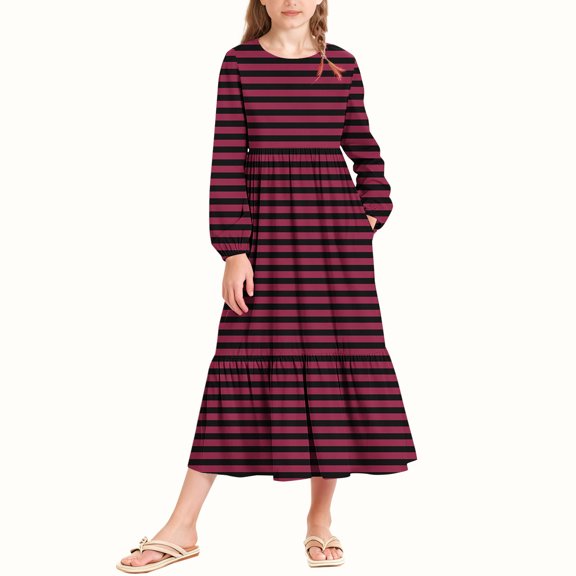 UQJfacai Girls Ruffle Maxi Dress Striped Long Sleeve Crewneck Casual Flowy Tiered Dress with Pockets Party Holiday Outfits 4-15 Years