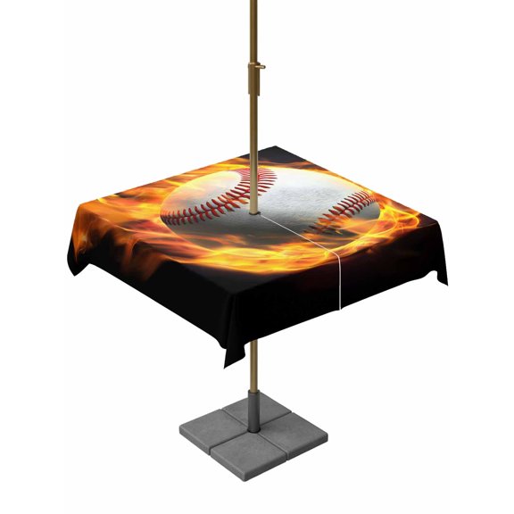 Flame Baseball Square Outdoor Tablecloth with Umbrella Hole Sports Black Background Abstract Art 54x54 Inch Waterproof Table Cover Zippered Table Cloth for Garden Patio