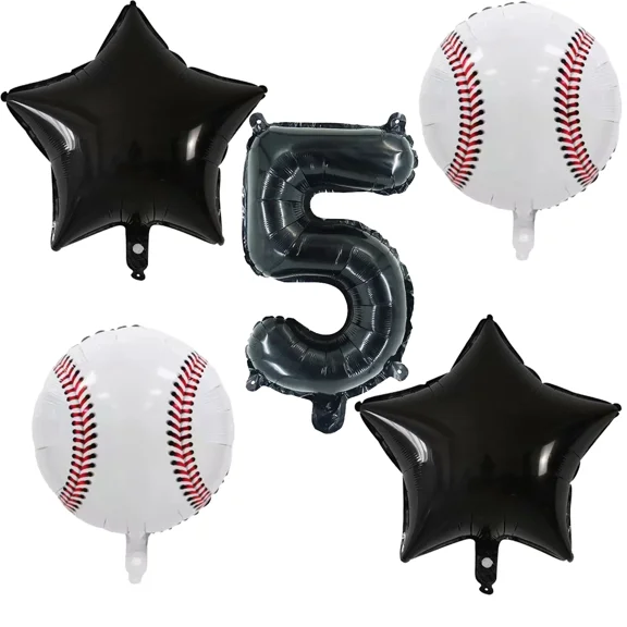 Baseball 5Th Birthday Party Foil Balloons Number 5 Black White Star Balloons
