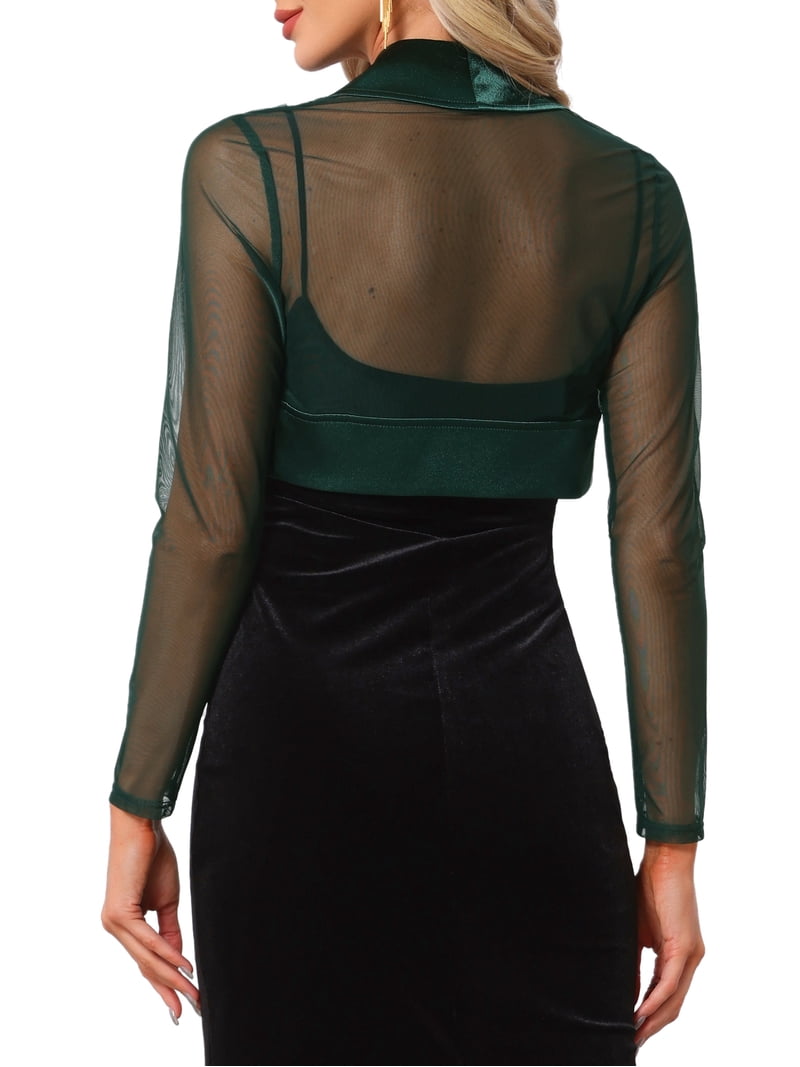 Satin Shrug for Women's Evening Dresses Mesh Formal Coverup Open Front Long Sleeve Cropped Bolero XS Dark Green