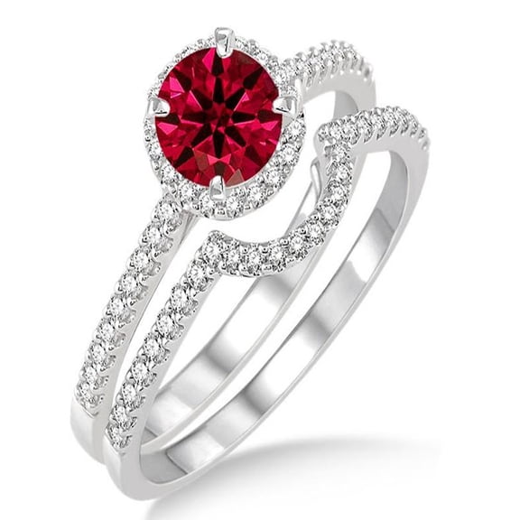 2 Carat Ruby & Diamond Halo Bridal Set Engagement Ring on 10k White Gold