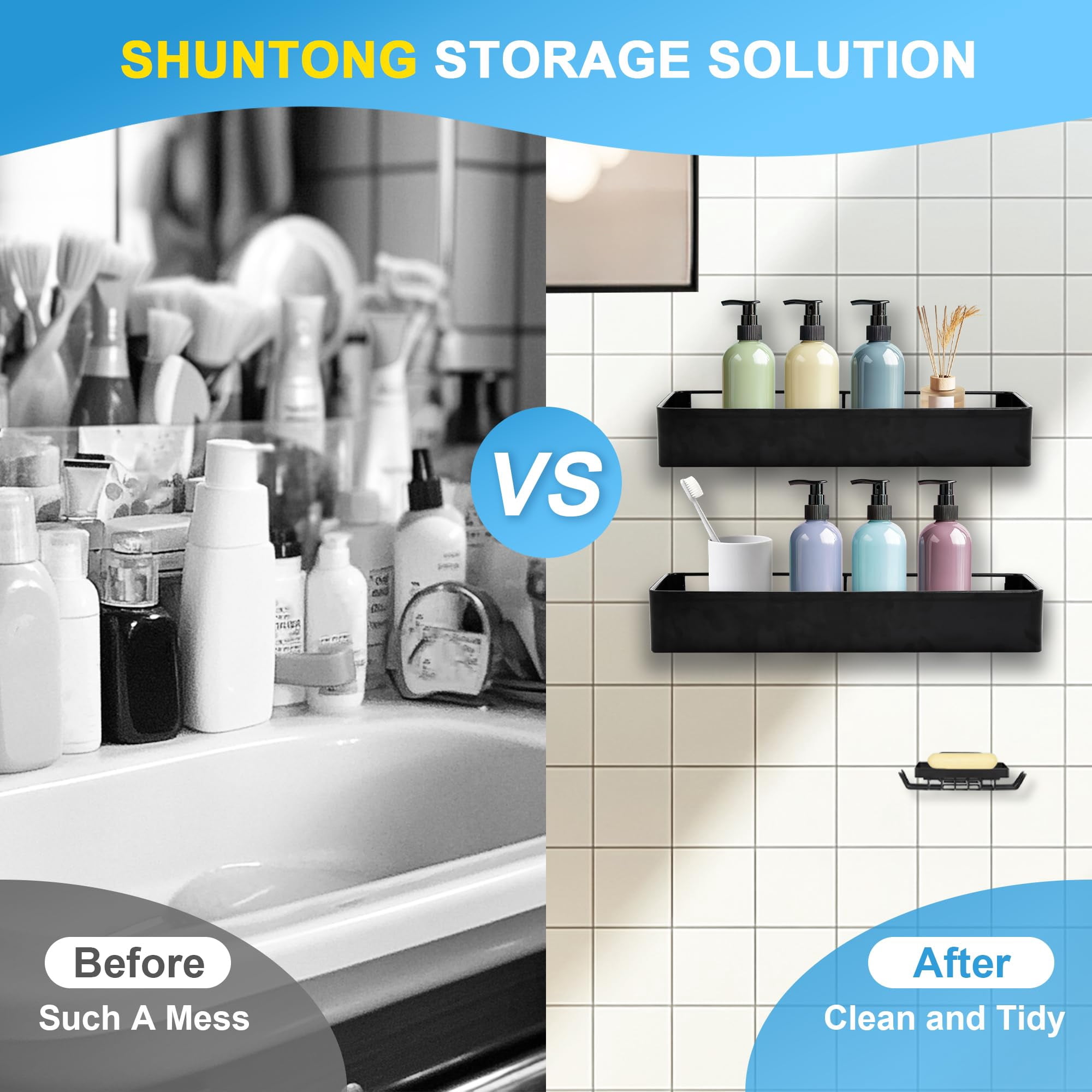 Shuntong Premium Shower Caddy, Adhesive Bathroom Shower Organizer and Storage, No Drill Shower Shelves for Inside Shower, Rustproof Shower Storage Rack 4 Pack White