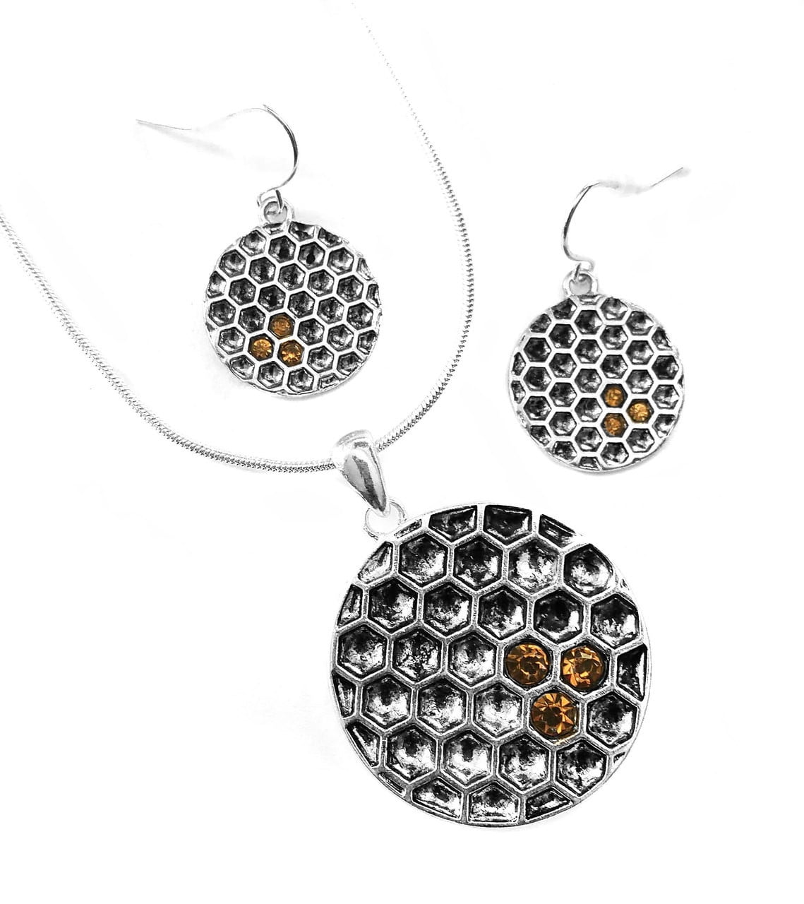 Silver Bee and Necklace Set with Golden Crystal Honey