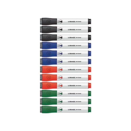 Chisel Tip Low-Odor Dry-Erase Markers with Erasers Assorted Colors, 12/Pack